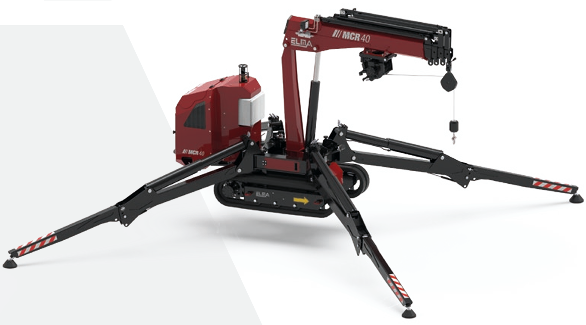 MCR 40 mini crane with extended stabilizers and telescopic boom, designed for precision lifting in confined spaces.