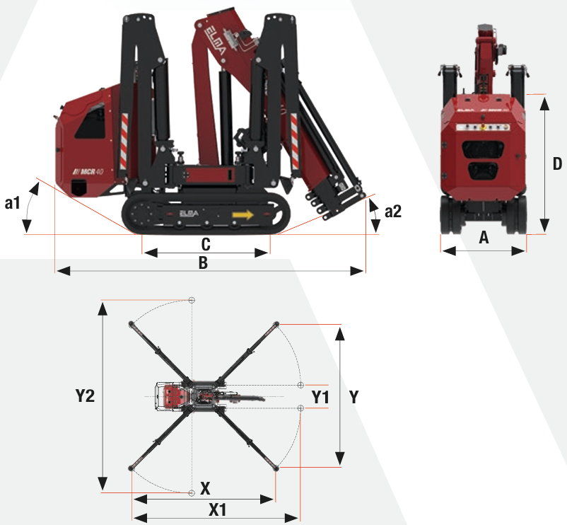 Technical diagram of the MCR 40 mini crane showcasing dimensions, stability, and maneuverability features.