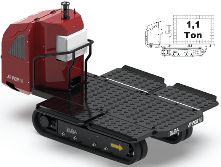 PCR 10 tracked transporter with an open platform, displaying a 1.1-ton load capacity indicator.