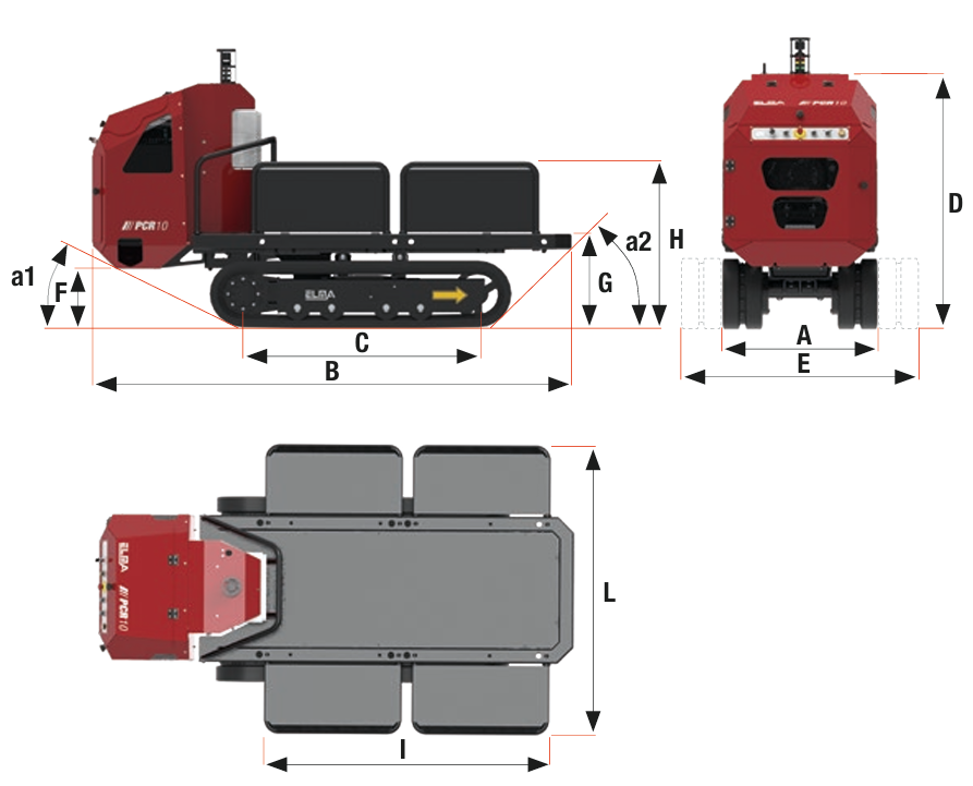 Technical diagram of the PCR 10 load transporter, illustrating dimensions and structure.