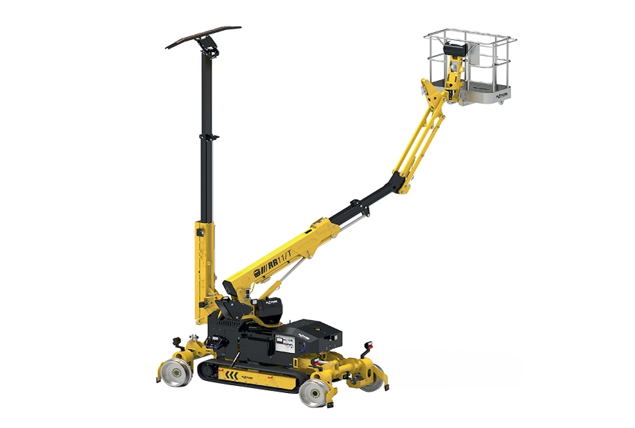 Tracked aerial lift with extendable boom and safety basket