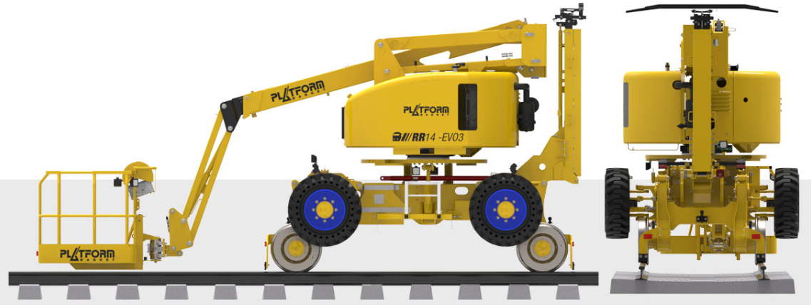 Side and front view diagrams of the RR 9/200 rail-road aerial lift, showcasing key dimensions and structure.