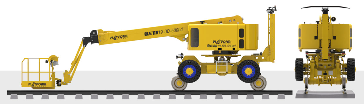 Side and front view diagrams of the RR 19/500 rail-road aerial lift, illustrating dimensions and functionality.