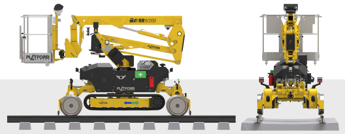 Front and side view technical diagrams of the RR 9/200 rail-road aerial lift with dimensions.