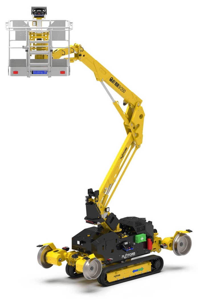 RR 9/200 compact rail-road aerial lift with an articulated boom for railway maintenance.