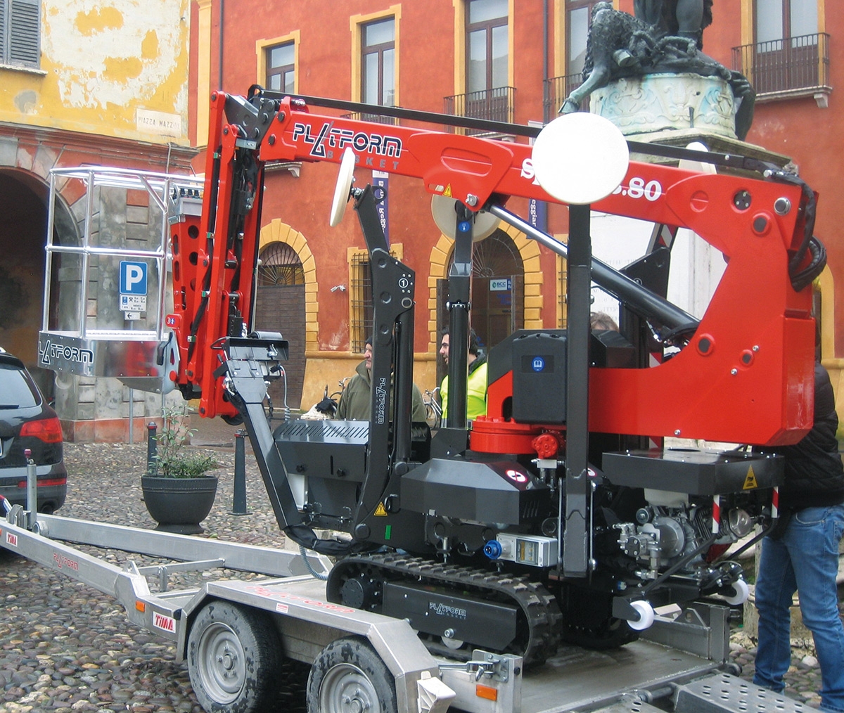 Spider 13.65 lift on a trailer, ready for transport to a job site.