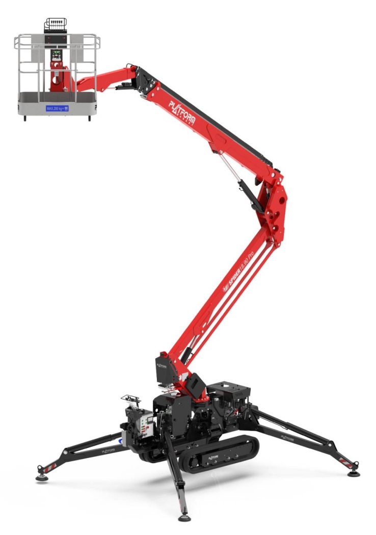 Red tracked spider lift with an articulated boom in compact form