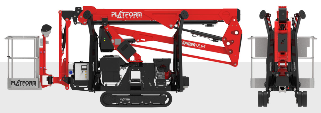 Folded spider lift in transport position, showing its compact design