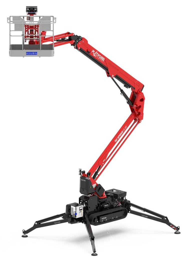 Compact red tracked spider lift with extended articulated boom