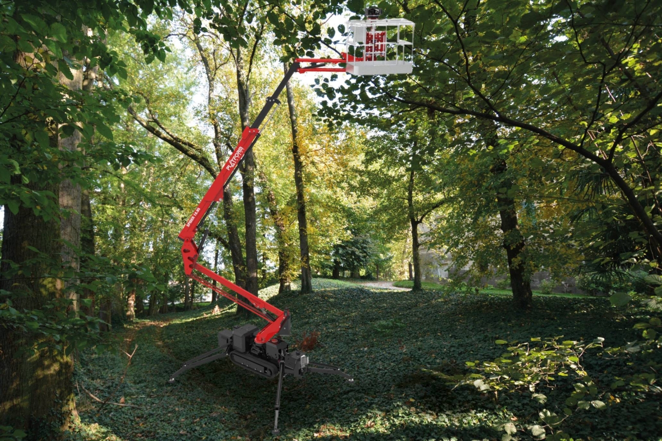 Spider lift extended high among trees for forestry work