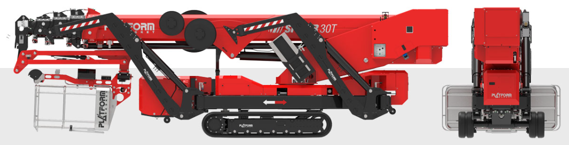 Compact red spider lift in a folded transportable state.