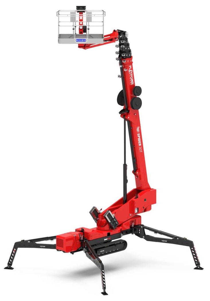 Red spider lift with an extended arm and stabilizers.