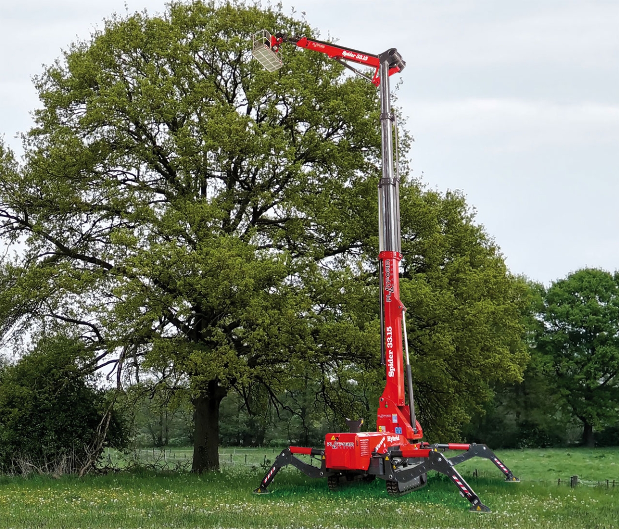 Tall spider lift trimming trees in a park.