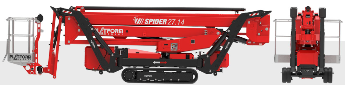 Compact red spider lift in a folded position.