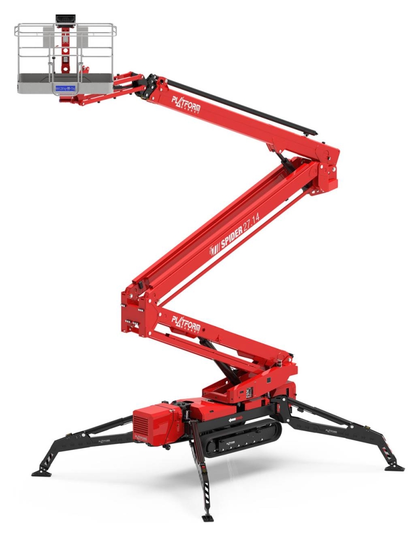 Red spider lift with an articulated arm and stabilizers.